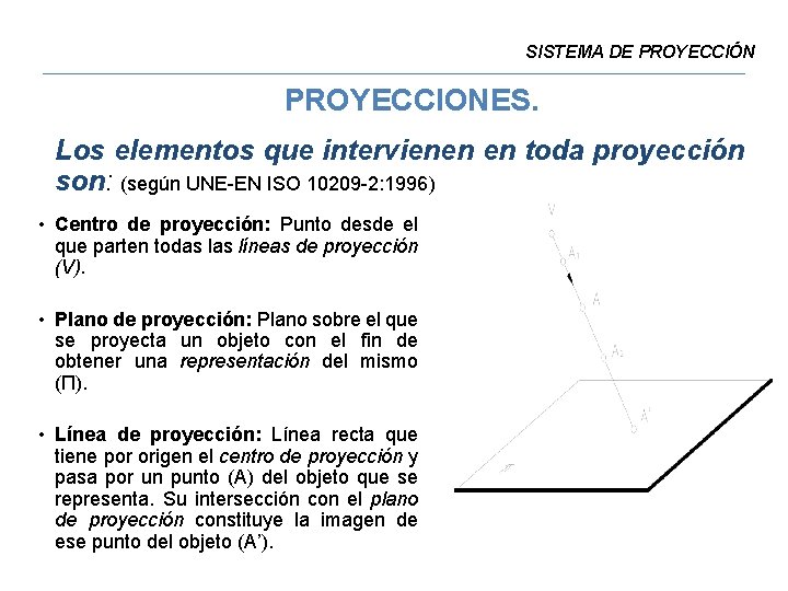 SISTEMA DE PROYECCIÓN PROYECCIONES. Los elementos que intervienen en toda proyección son: (según UNE-EN