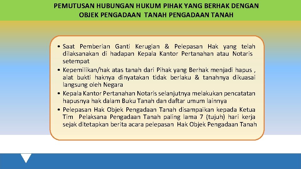 PEMUTUSAN HUBUNGAN HUKUM PIHAK YANG BERHAK DENGAN OBJEK PENGADAAN TANAH • Saat Pemberian Ganti