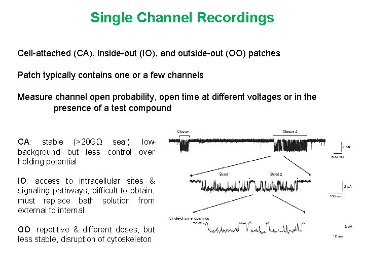 Single Channel Recordings Cell-attached (CA), inside-out (IO), and outside-out (OO) patches Patch typically contains