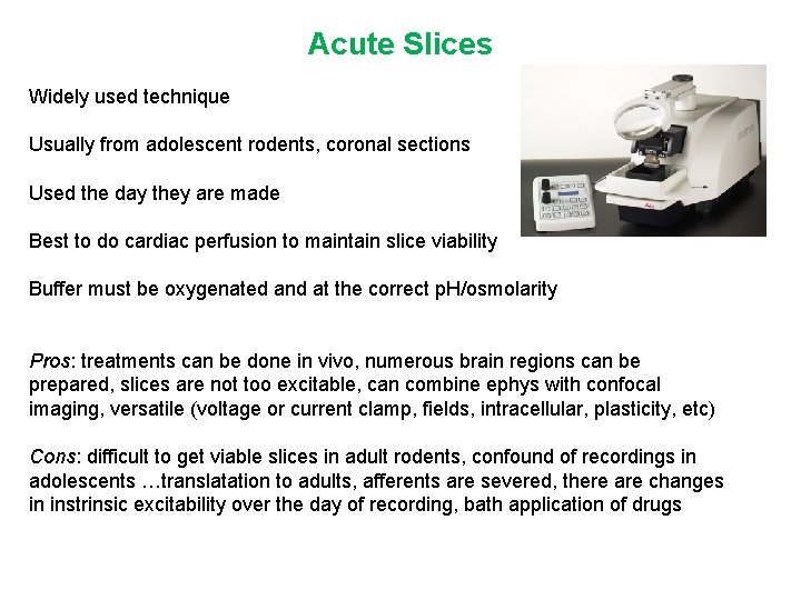 Acute Slices Widely used technique Usually from adolescent rodents, coronal sections Used the day