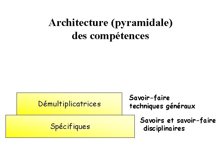 Architecture (pyramidale) des compétences Démultiplicatrices Spécifiques Savoir-faire techniques généraux Savoirs et savoir-faire disciplinaires 