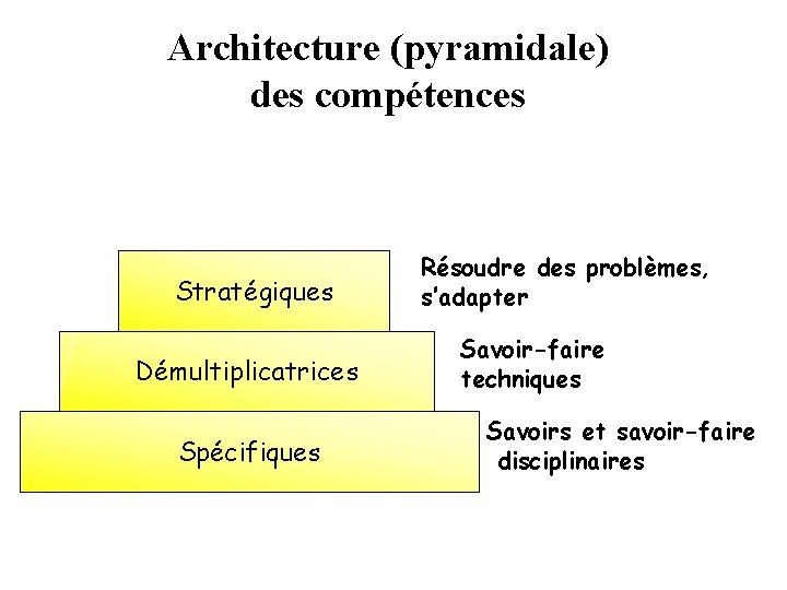 Architecture (pyramidale) des compétences Stratégiques Démultiplicatrices Spécifiques Résoudre des problèmes, s’adapter Savoir-faire techniques généraux