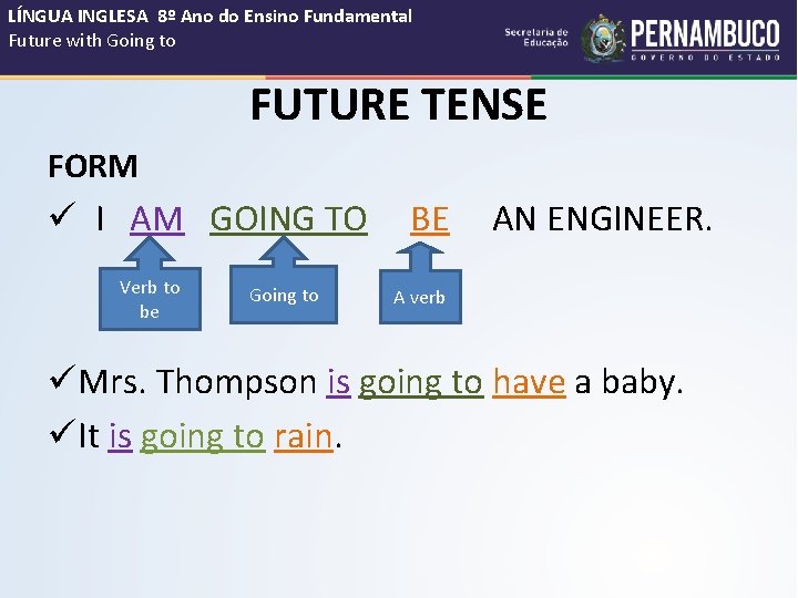 LÍNGUA INGLESA 8º Ano do Ensino Fundamental Future with Going to FUTURE TENSE FORM