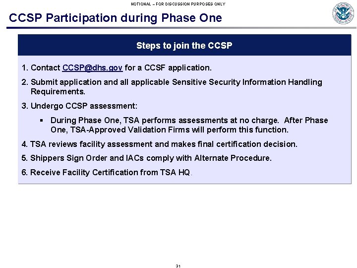 NOTIONAL – FOR DISCUSSION PURPOSES ONLY CCSP Participation during Phase One Steps to join