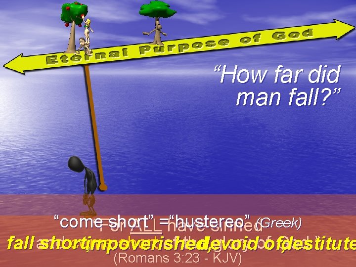 “How far did man fall? ” “come short” hustereo ” (Greek) “For ALL=“have sinned