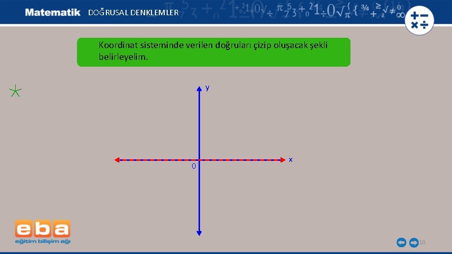 DOĞRUSAL DENKLEMLER Koordinat sisteminde verilen doğruları çizip oluşacak şekli belirleyelim. y 0 x 10