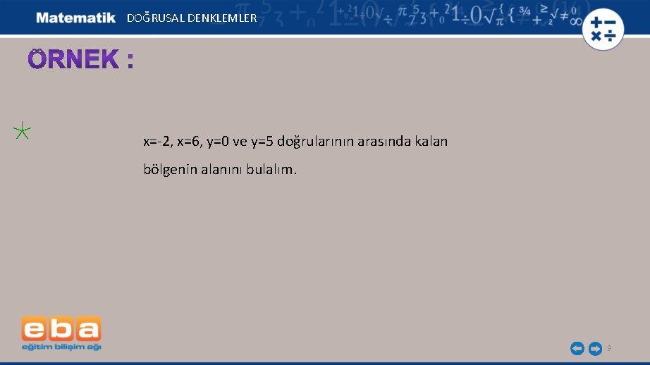 DOĞRUSAL DENKLEMLER x=-2, x=6, y=0 ve y=5 doğrularının arasında kalan bölgenin alanını bulalım. 9