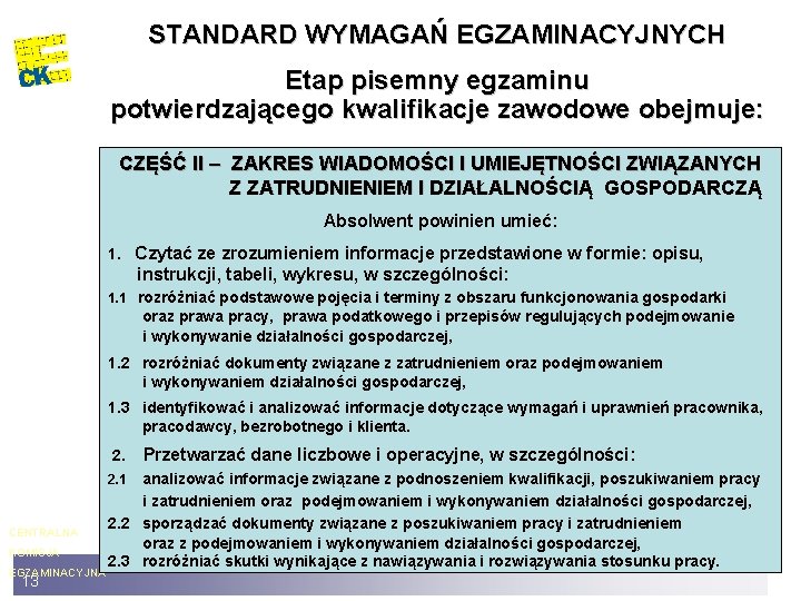 STANDARD WYMAGAŃ EGZAMINACYJNYCH Etap pisemny egzaminu potwierdzającego kwalifikacje zawodowe obejmuje: CZĘŚĆ II – ZAKRES