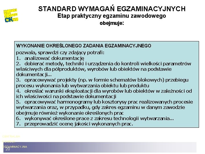 STANDARD WYMAGAŃ EGZAMINACYJNYCH Etap praktyczny egzaminu zawodowego obejmuje: WYKONANIE OKREŚLONEGO ZADANIA EGZAMINACYJNEGO pozwala, sprawdzi