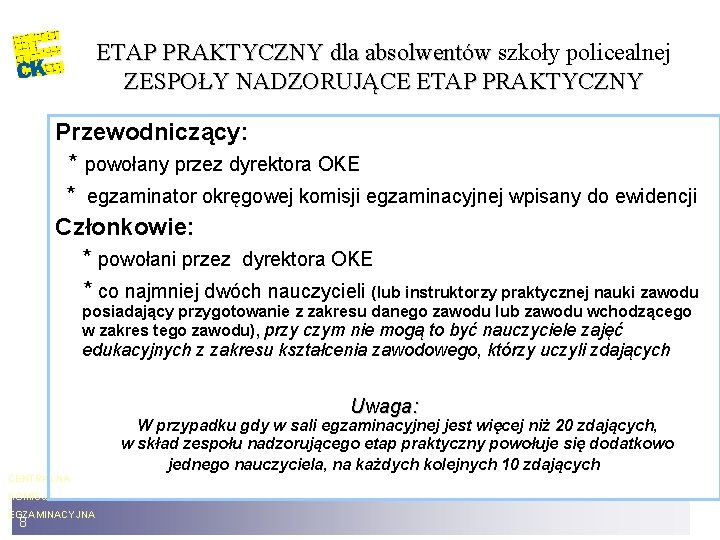 ETAP PRAKTYCZNY dla absolwentów szkoły policealnej ZESPOŁY NADZORUJĄCE ETAP PRAKTYCZNY Przewodniczący: * powołany przez