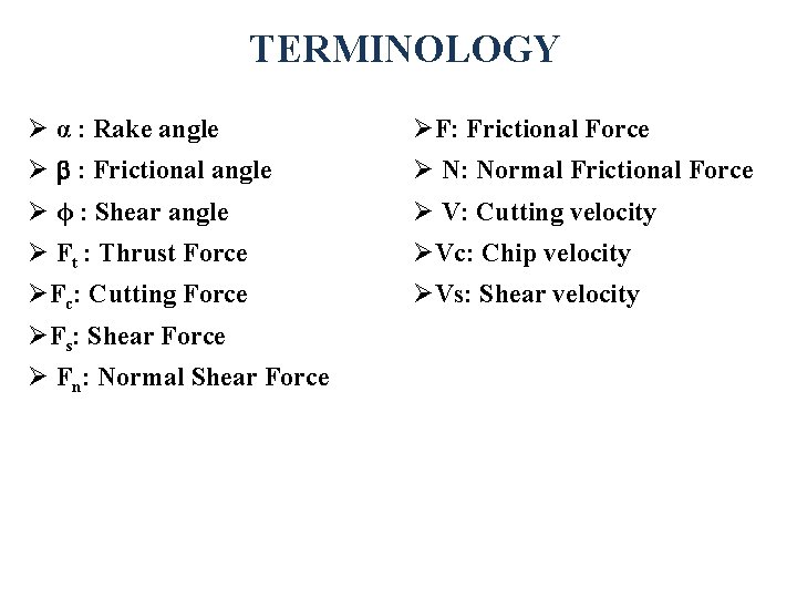 TERMINOLOGY Ø α : Rake angle ØF: Frictional Force Ø b : Frictional angle TERMINOLOGY Ø α : Rake angle ØF: Frictional Force Ø b : Frictional angle