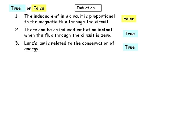 True or False? True False Induction 1. The induced emf in a circuit is