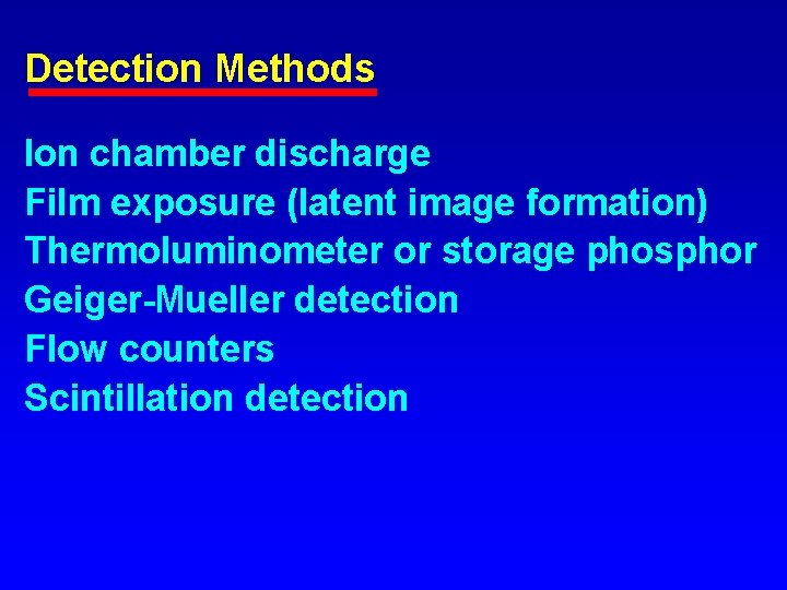 Detection Methods Ion chamber discharge Film exposure (latent image formation) Thermoluminometer or storage phosphor