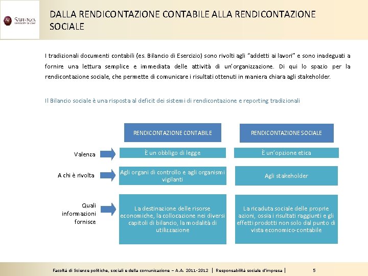 DALLA RENDICONTAZIONE CONTABILE ALLA RENDICONTAZIONE SOCIALE I tradizionali documenti contabili (es. Bilancio di Esercizio)