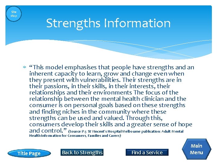 Site Map Strengths Information “This model emphasises that people have strengths and an inherent