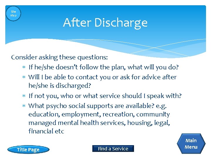 Site Map After Discharge Consider asking these questions: If he/she doesn’t follow the plan,