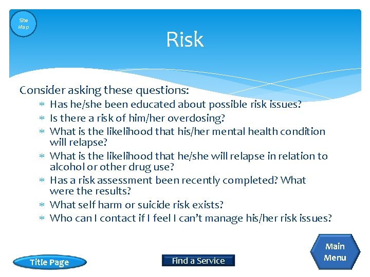 Site Map Risk Consider asking these questions: Has he/she been educated about possible risk