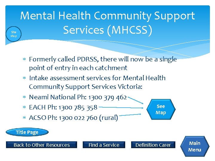 Site Map Mental Health Community Support Services (MHCSS) Formerly called PDRSS, there will now