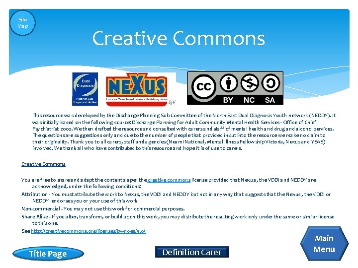 Site Map Creative Commons This resource was developed by the Discharge Planning Sub Committee