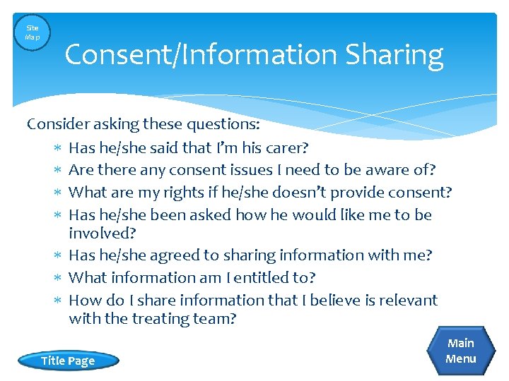 Site Map Consent/Information Sharing Consider asking these questions: Has he/she said that I’m his