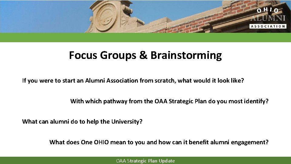 Focus Groups & Brainstorming If you were to start an Alumni Association from scratch,