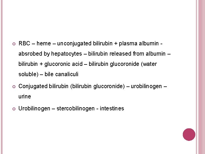  RBC – heme – unconjugated bilirubin + plasma albumin absrobed by hepatocytes –