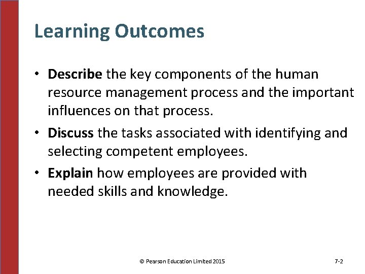 Learning Outcomes • Describe the key components of the human resource management process and