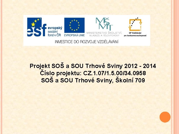 Projekt SOŠ a SOU Trhové Sviny 2012 - 2014 Číslo projektu: CZ. 1. 07/1.