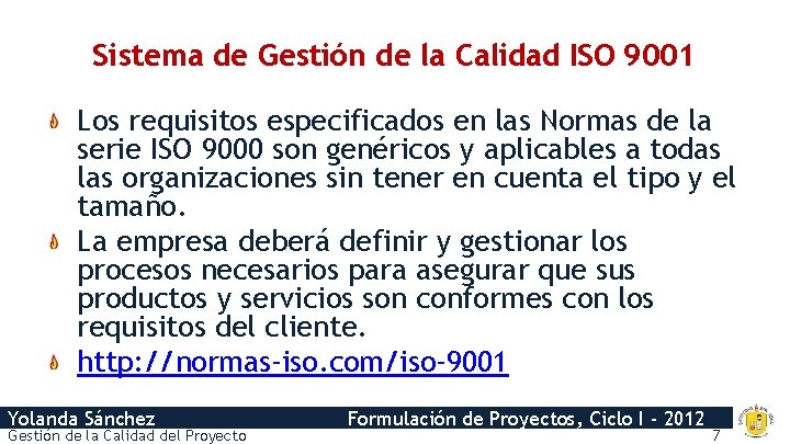 Sistema de Gestión de la Calidad ISO 9001 Los requisitos especificados en las Normas