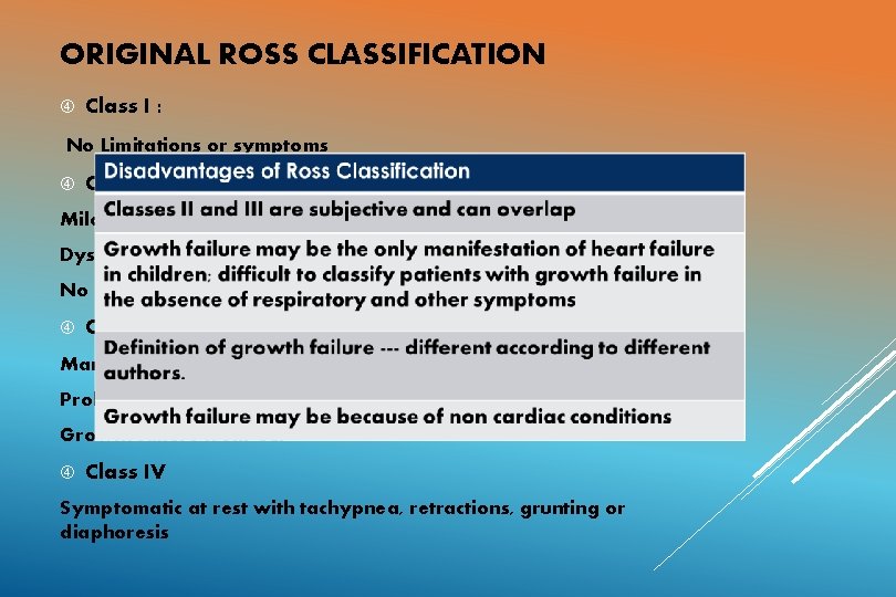 ORIGINAL ROSS CLASSIFICATION Class I : No Limitations or symptoms Class II: Mild tachypnea