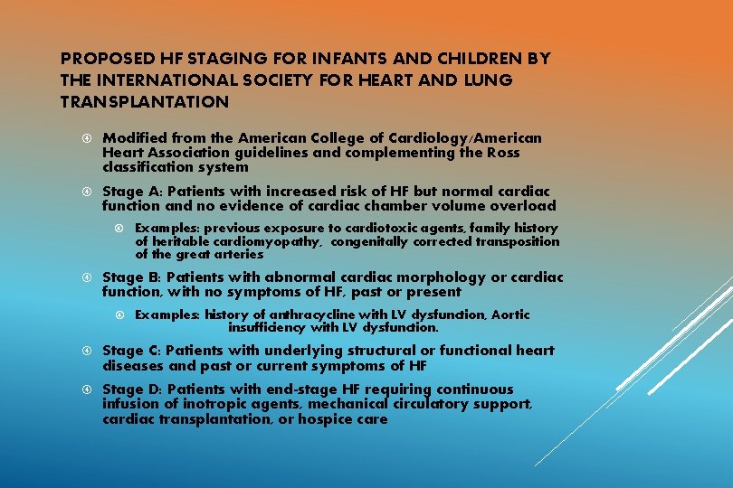 PROPOSED HF STAGING FOR INFANTS AND CHILDREN BY THE INTERNATIONAL SOCIETY FOR HEART AND