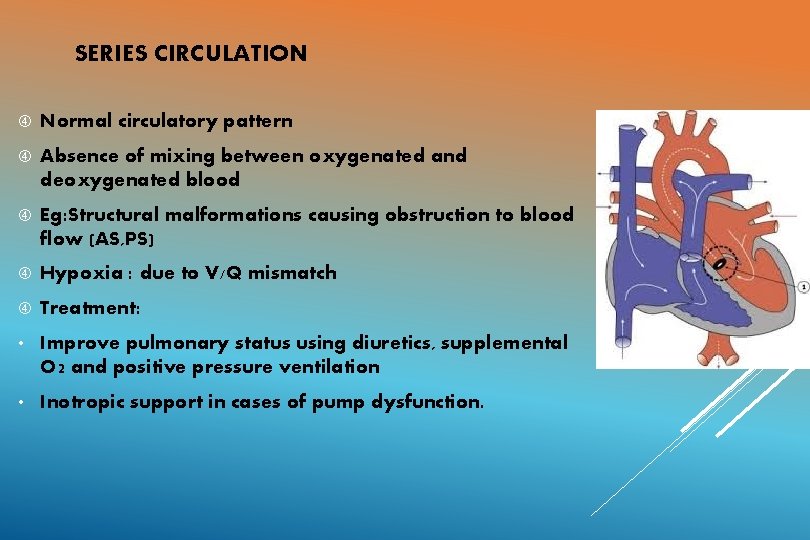 SERIES CIRCULATION Normal circulatory pattern Absence of mixing between oxygenated and deoxygenated blood Eg: