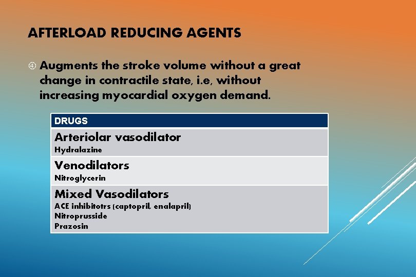 AFTERLOAD REDUCING AGENTS Augments the stroke volume without a great change in contractile state,
