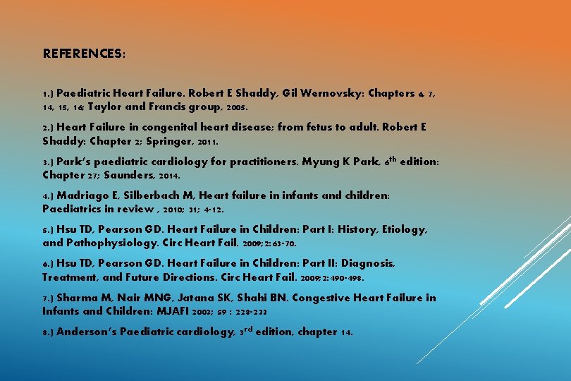 REFERENCES: 1. ) Paediatric Heart Failure. Robert E Shaddy, Gil Wernovsky: Chapters 6, 7,