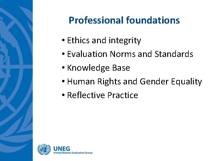 Professional foundations • Ethics and integrity • Evaluation Norms and Standards • Knowledge Base