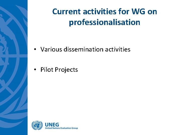 Current activities for WG on professionalisation • Various dissemination activities • Pilot Projects 