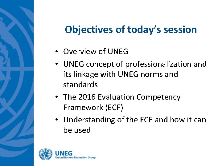 Objectives of today’s session • Overview of UNEG • UNEG concept of professionalization and