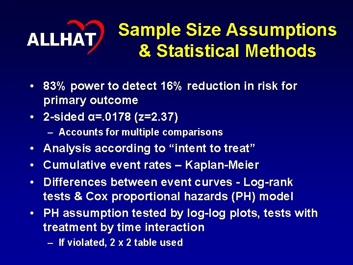 11 ALLHAT Sample Size Assumptions & Statistical Methods • 83% power to detect 16%