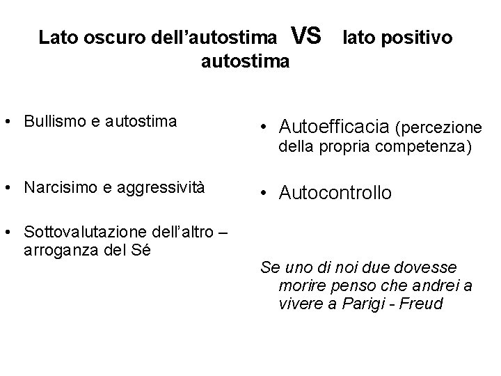 Lato oscuro dell’autostima VS autostima • Bullismo e autostima lato positivo • Autoefficacia (percezione