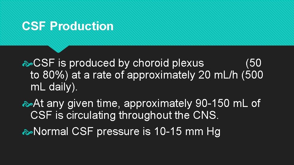 CSF Production CSF is produced by choroid plexus (50 to 80%) at a rate