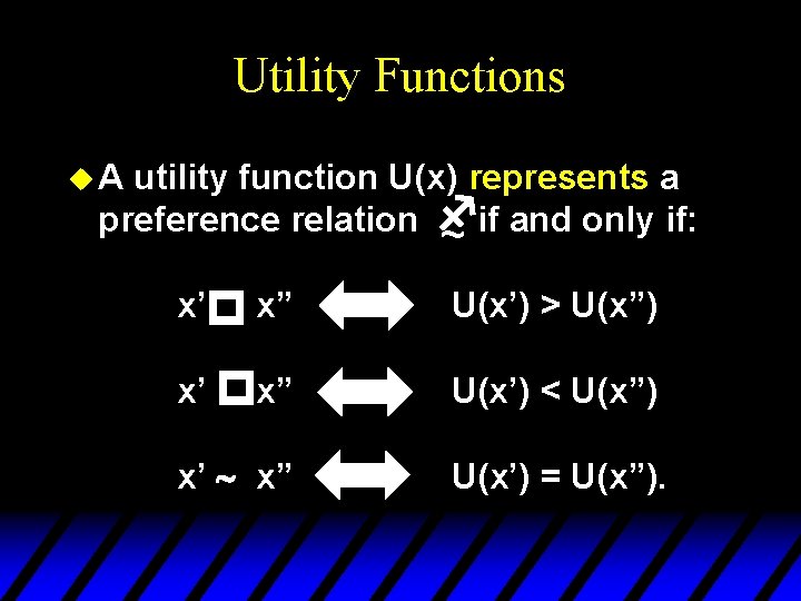 Utility Functions u. A utility function U(x) represents a preference relation f ~ if