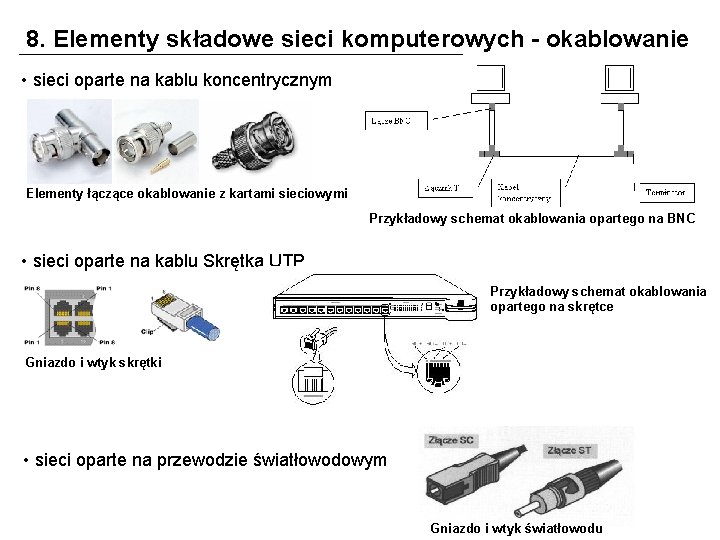 8. Elementy składowe sieci komputerowych - okablowanie • sieci oparte na kablu koncentrycznym Elementy