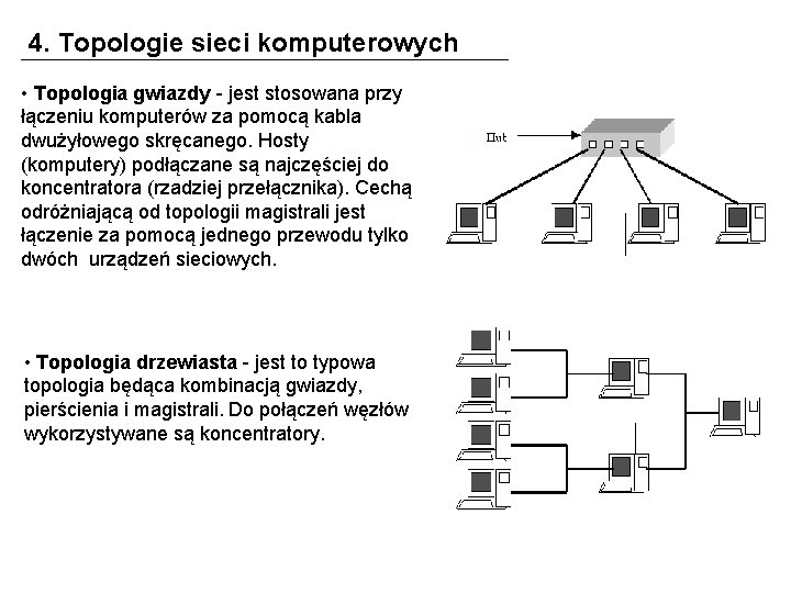 4. Topologie sieci komputerowych • Topologia gwiazdy - jest stosowana przy łączeniu komputerów za