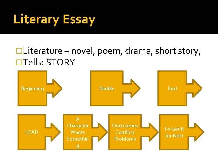 Literary Essay �Literature – novel, poem, drama, short story, �Tell a STORY Beginning LEAD