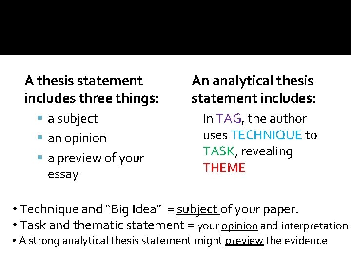 A thesis statement includes three things: a subject an opinion a preview of your A thesis statement includes three things: a subject an opinion a preview of your