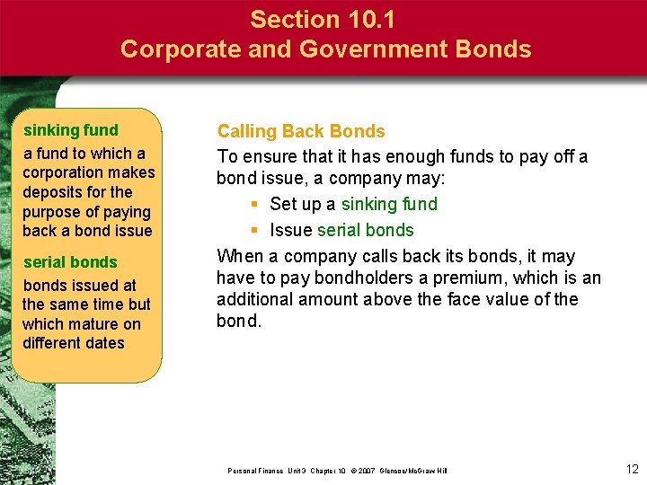 Section 10. 1 Corporate and Government Bonds sinking fund a fund to which a