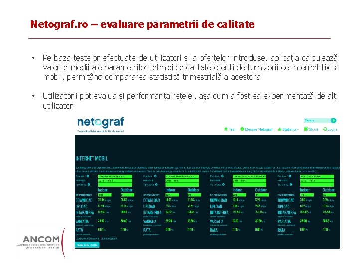 Netograf. ro – evaluare parametrii de calitate • Pe baza testelor efectuate de utilizatori