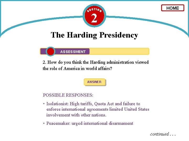 2 HOME The Harding Presidency ASSESSMENT 2. How do you think the Harding administration