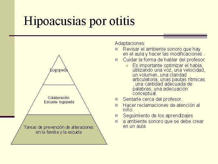 Hipoacusias por otitis Logopeda Colaboración Escuela- logopeda Tareas de prevención de alteraciones en la