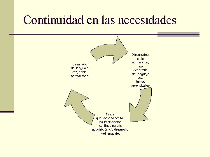 Continuidad en las necesidades Dificultades en la adquisición, y/o desarrollo del lenguaje, voz, habla,